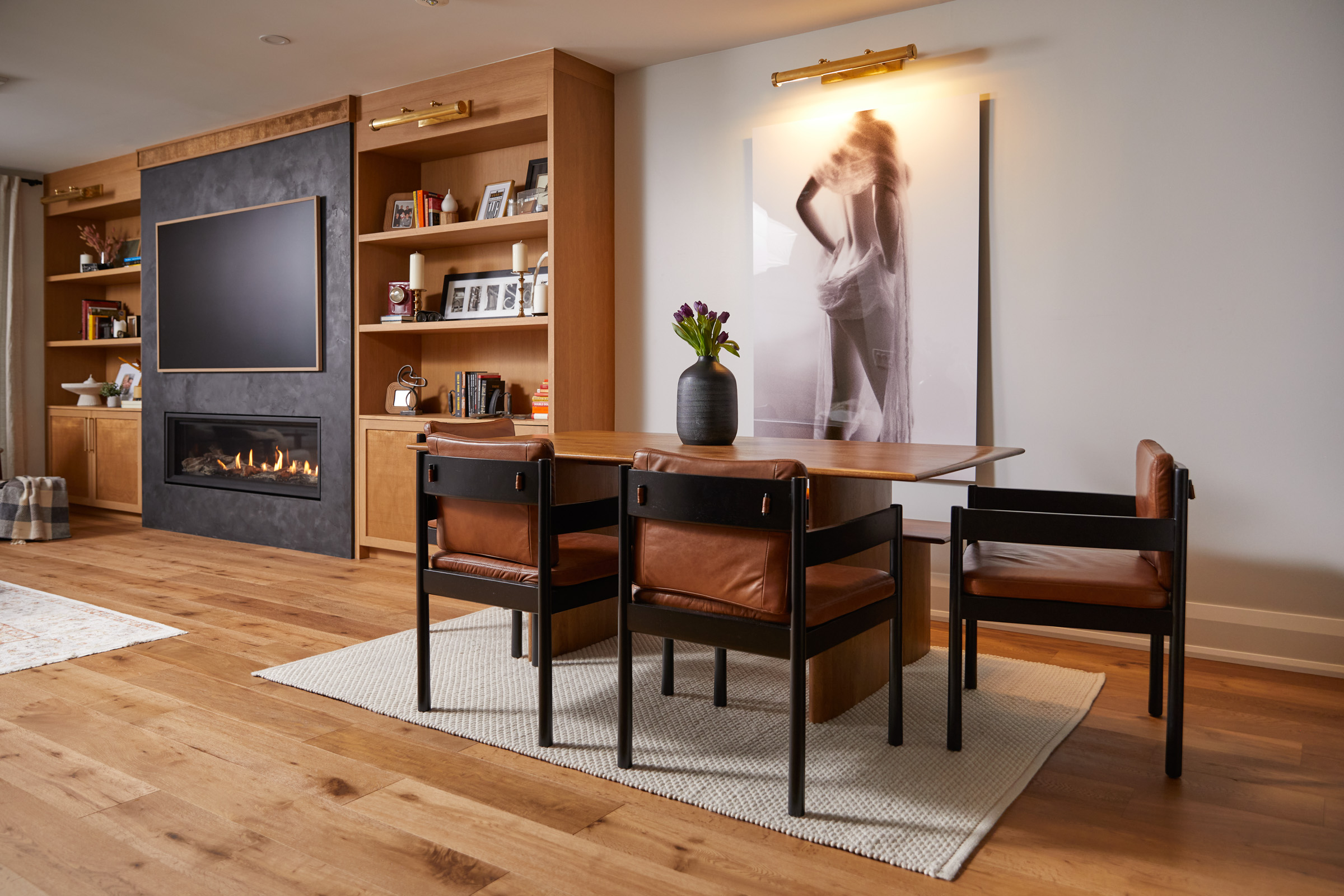 Space planning, floor plans, kitchen design, bathroom design, bedroom design, millwork design, material sourcing, finish selection, procurement, project management, furniture layouts, furniture installation, and interior styling.