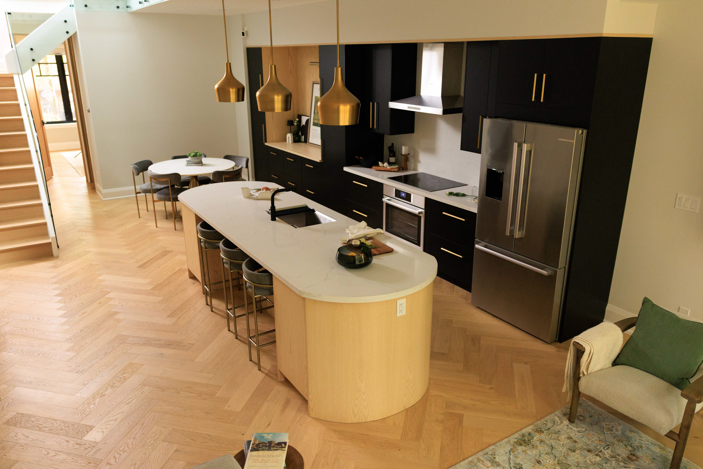 Space planning, kitchen design, bathroom design, custom millwork design for the entry, study, bar, and laundry, interior and exterior material sourcing, finish selection, procurement, furniture layouts and installation.